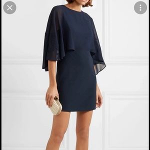 Halston Heritage Blue Sheer Cape Sleeve Embroidered Cocktail Dress US4